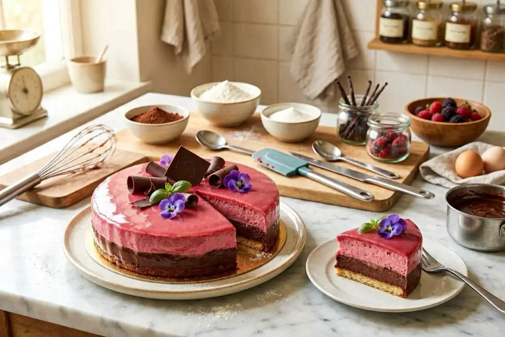A beautifully arranged French pastry setup, showcasing an entremet cake as the centerpiece, surrounded by essential baking tools and fresh ingredients. In the foreground, the glossy entremet cake features layers of vibrant mousse in shades of raspberry and chocolate, garnished with edible flowers and delicate chocolate decorations. The middle ground includes neatly organized tools like a whisk, measuring spoons, and a silicone spatula alongside bowls of flour, sugar, and fresh berries, creating a sense of preparation. In the soft-focus background, a rustic wooden kitchen table bathed in warm, natural light enhances the cozy atmosphere, with hints of kitchenware such as a rolling pin and wooden board. Capture this inviting scene using a slightly elevated angle to emphasize the cake and tools, with a gentle depth of field to draw attention to the intricate details.