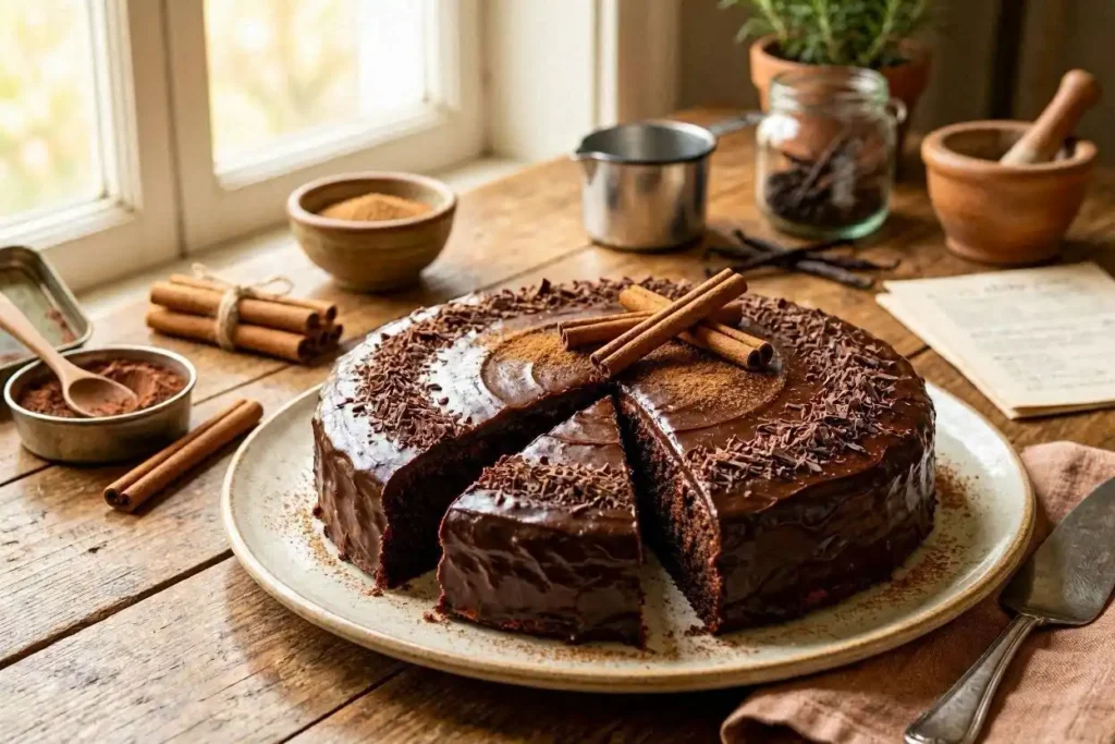 A beautifully arranged Mexican chocolate cake sits at the forefront, richly frosted with a glossy chocolate ganache that reflects ambient light. The cake is adorned with delicate, edible decorations such as dark chocolate shavings and a sprinkle of cinnamon, capturing the essence of traditional Mexican flavors. In the background, a rustic wooden table adds a homely touch, with scattered ingredients like cocoa powder, cinnamon sticks, and a small bowl of sugar, hinting at the cake's quick preparation. Warm, soft lighting highlights the cake’s texture, creating an inviting and cozy atmosphere, perfect for a celebratory occasion. The composition is shot from a slightly elevated angle to emphasize the cake's layers and intricate toppings, inviting viewers to savor a glimpse of this quick and delicious dessert. A beautifully arranged Mexican chocolate cake sits at the forefront, richly frosted with a glossy chocolate ganache that reflects ambient light. The cake is adorned with delicate, edible decorations such as dark chocolate shavings and a sprinkle of cinnamon, capturing the essence of traditional Mexican flavors. In the background, a rustic wooden table adds a homely touch, with scattered ingredients like cocoa powder, cinnamon sticks, and a small bowl of sugar, hinting at the cake's quick preparation. Warm, soft lighting highlights the cake’s texture, creating an inviting and cozy atmosphere, perfect for a celebratory occasion. The composition is shot from a slightly elevated angle to emphasize the cake's layers and intricate toppings, inviting viewers to savor a glimpse of this quick and delicious dessert.