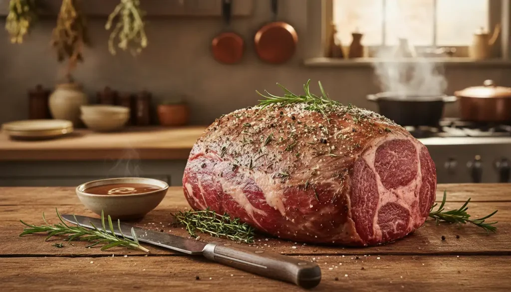 A beautifully arranged beef rump roast displayed on a rustic wooden table, showcasing its marbled texture and rich, appetizing color. In the foreground, a perfectly cooked roast glistens under warm, diffused lighting, highlighting the savory herbs and spices sprinkled on top. Off to the side, a small bowl filled with rich, velvety gravy sits next to fresh rosemary and a rustic carving knife. In the background, softly blurred elements of a cozy kitchen can be seen, with herbs hanging and pots simmering, evoking a warm, inviting atmosphere. The composition captures the essence of homely cooking, inviting the viewer to explore the delicious possibilities of the cut. The scene should feel rich and appetizing, conveying warmth and comfort, ideal for a culinary-themed illustration. A beautifully arranged beef rump roast displayed on a rustic wooden table, showcasing its marbled texture and rich, appetizing color. In the foreground, a perfectly cooked roast glistens under warm, diffused lighting, highlighting the savory herbs and spices sprinkled on top. Off to the side, a small bowl filled with rich, velvety gravy sits next to fresh rosemary and a rustic carving knife. In the background, softly blurred elements of a cozy kitchen can be seen, with herbs hanging and pots simmering, evoking a warm, inviting atmosphere. The composition captures the essence of homely cooking, inviting the viewer to explore the delicious possibilities of the cut. The scene should feel rich and appetizing, conveying warmth and comfort, ideal for a culinary-themed illustration.