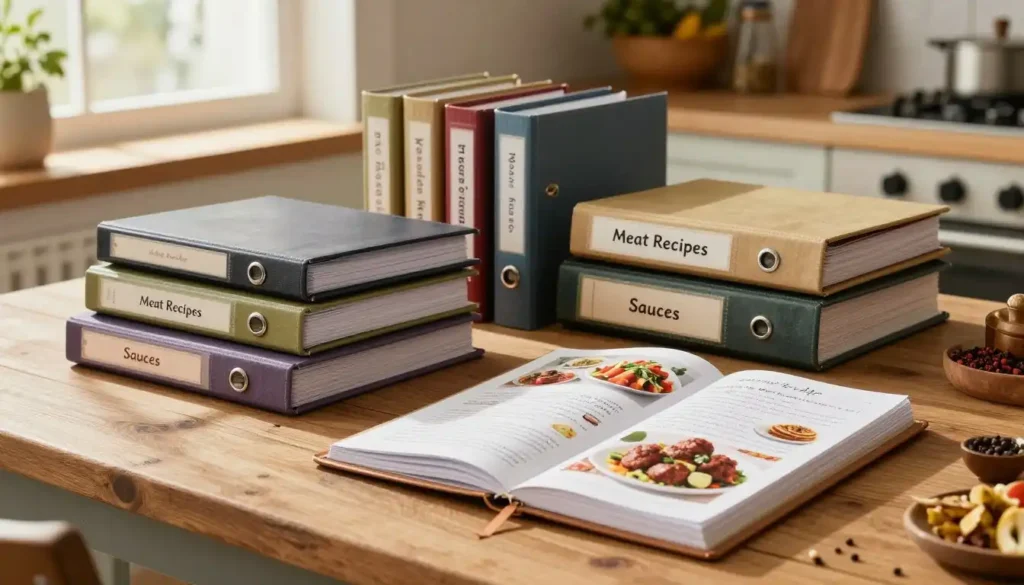 A beautifully arranged collection of cooking binders displayed on a rustic wooden kitchen table, showcasing various textures and colors. In the foreground, a binder is open, revealing glossy recipe pages filled with classic meatball and burger preparations, hand-written notes, and colorful food photography. In the middle, a variety of binders with labels like "Meat Recipes" and "Sauces" are stacked neatly, emphasizing organization. Background elements include kitchen utensils and ingredients like herbs, spices, and vegetables, softly blurred to create depth. The scene is illuminated with warm, natural light from a nearby window, casting gentle shadows and enhancing the cozy, inviting atmosphere of a home cooking space.