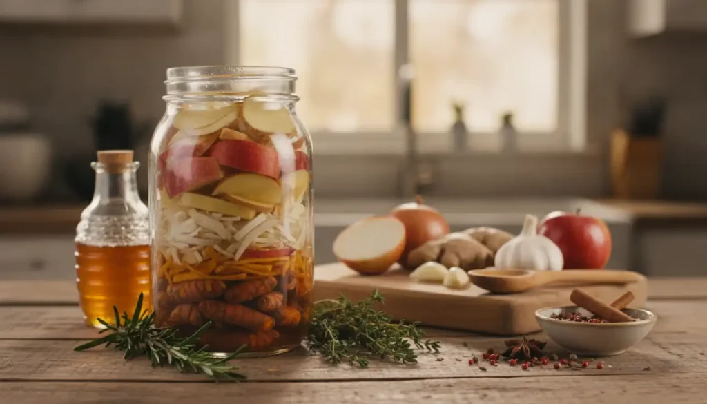 A beautifully arranged fire cider tonic recipe setup on a rustic wooden table. In the foreground, a glass jar filled with vibrant layers of chopped apples, ginger, garlic, and horseradish, with herbs like rosemary and thyme scattered around. Next to it, a bottle of golden honey and a small bowl of spices adding pops of color. In the middle ground, a cutting board with fresh ingredients and a wooden spoon, artistically arranged. The background features soft-focus kitchen elements like a window with dappled sunlight filtering through, creating a warm and inviting atmosphere. The scene is well-lit, capturing the vibrancy of the ingredients, with a shallow depth of field to emphasize the fire cider tonic while maintaining a cozy, natural feel. A beautifully arranged fire cider tonic recipe setup on a rustic wooden table. In the foreground, a glass jar filled with vibrant layers of chopped apples, ginger, garlic, and horseradish, with herbs like rosemary and thyme scattered around. Next to it, a bottle of golden honey and a small bowl of spices adding pops of color. In the middle ground, a cutting board with fresh ingredients and a wooden spoon, artistically arranged. The background features soft-focus kitchen elements like a window with dappled sunlight filtering through, creating a warm and inviting atmosphere. The scene is well-lit, capturing the vibrancy of the ingredients, with a shallow depth of field to emphasize the fire cider tonic while maintaining a cozy, natural feel.