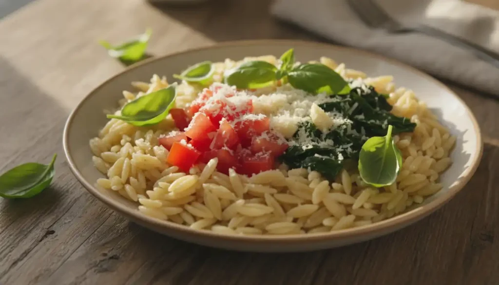 A beautifully arranged plate of cooked orzo pasta, showcasing its distinct rice-like shape and texture. In the foreground, the orzo is lightly tossed with a drizzle of olive oil, garnished with fresh basil leaves and a sprinkle of grated Parmesan cheese. In the middle ground, various ingredients such as diced tomatoes, minced garlic, and chopped spinach are artfully presented, hinting at the dish's vibrant flavors. The background features a rustic wooden table and soft, natural lighting that casts a warm glow over the scene, creating an inviting atmosphere. The angle captures the dish from a slightly elevated perspective, enhancing the depth and visual appeal of the ingredients.