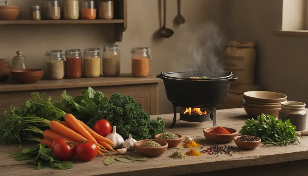 A beautifully arranged selection of key ingredients for a traditional soup village recipe, displayed on a rustic wooden kitchen table. In the foreground, fresh vegetables such as vibrant carrots, ripe tomatoes, fragrant garlic, and leafy greens are artistically piled alongside small bowls of herbs and spices, showcasing textures and colors. The middle ground features a sturdy soup pot simmering gently, with steam rising softly in the warm light, casting inviting shadows. The background reveals a cozy kitchen environment with wooden shelves lined with jars of grains and legumes, enhancing the homey atmosphere. Soft, natural lighting illuminates the scene, creating a welcoming and comforting mood, perfect for family meal preparation. The composition captures the essence of wholesome cooking and the joy of gathering ingredients, inviting viewers to explore delicious possibilities. A beautifully arranged selection of key ingredients for a traditional soup village recipe, displayed on a rustic wooden kitchen table. In the foreground, fresh vegetables such as vibrant carrots, ripe tomatoes, fragrant garlic, and leafy greens are artistically piled alongside small bowls of herbs and spices, showcasing textures and colors. The middle ground features a sturdy soup pot simmering gently, with steam rising softly in the warm light, casting inviting shadows. The background reveals a cozy kitchen environment with wooden shelves lined with jars of grains and legumes, enhancing the homey atmosphere. Soft, natural lighting illuminates the scene, creating a welcoming and comforting mood, perfect for family meal preparation. The composition captures the essence of wholesome cooking and the joy of gathering ingredients, inviting viewers to explore delicious possibilities.