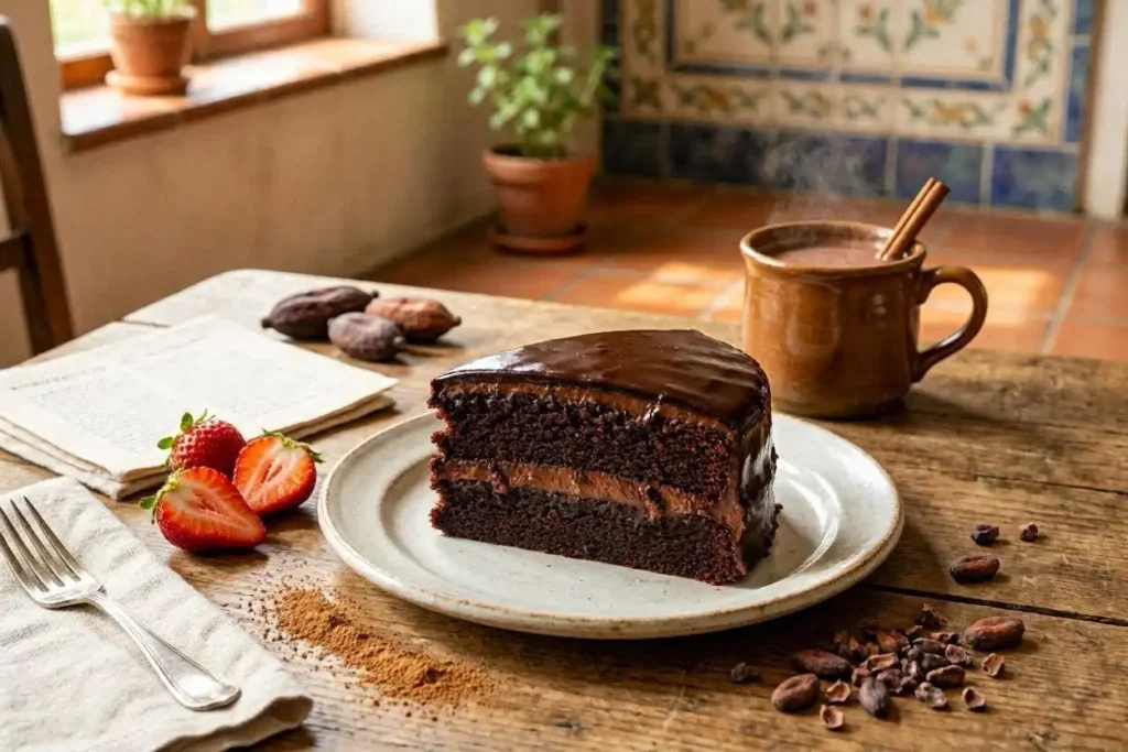 A beautifully arranged slice of authentic Mexican chocolate cake, showcasing its rich, dark brown layers with a glossy ganache glaze, sitting elegantly on a rustic wooden table. In the foreground, vibrant decorations of cacao nibs and a sprinkle of cinnamon surround the cake, while fresh strawberries add a pop of color. In the middle ground, soft, warm lighting highlights the texture of the cake, creating a mouthwatering appeal. The background features a blurred setting of a traditional Mexican kitchen, with terracotta pots and colorful Talavera tiles that convey a sense of culture and warmth. The atmosphere is inviting and festive, suggesting a celebration of flavors unique to Mexican heritage. A shallow depth of field enhances the focus on the cake, making it the star of the image. A beautifully arranged slice of authentic Mexican chocolate cake, showcasing its rich, dark brown layers with a glossy ganache glaze, sitting elegantly on a rustic wooden table. In the foreground, vibrant decorations of cacao nibs and a sprinkle of cinnamon surround the cake, while fresh strawberries add a pop of color. In the middle ground, soft, warm lighting highlights the texture of the cake, creating a mouthwatering appeal. The background features a blurred setting of a traditional Mexican kitchen, with terracotta pots and colorful Talavera tiles that convey a sense of culture and warmth. The atmosphere is inviting and festive, suggesting a celebration of flavors unique to Mexican heritage. A shallow depth of field enhances the focus on the cake, making it the star of the image.