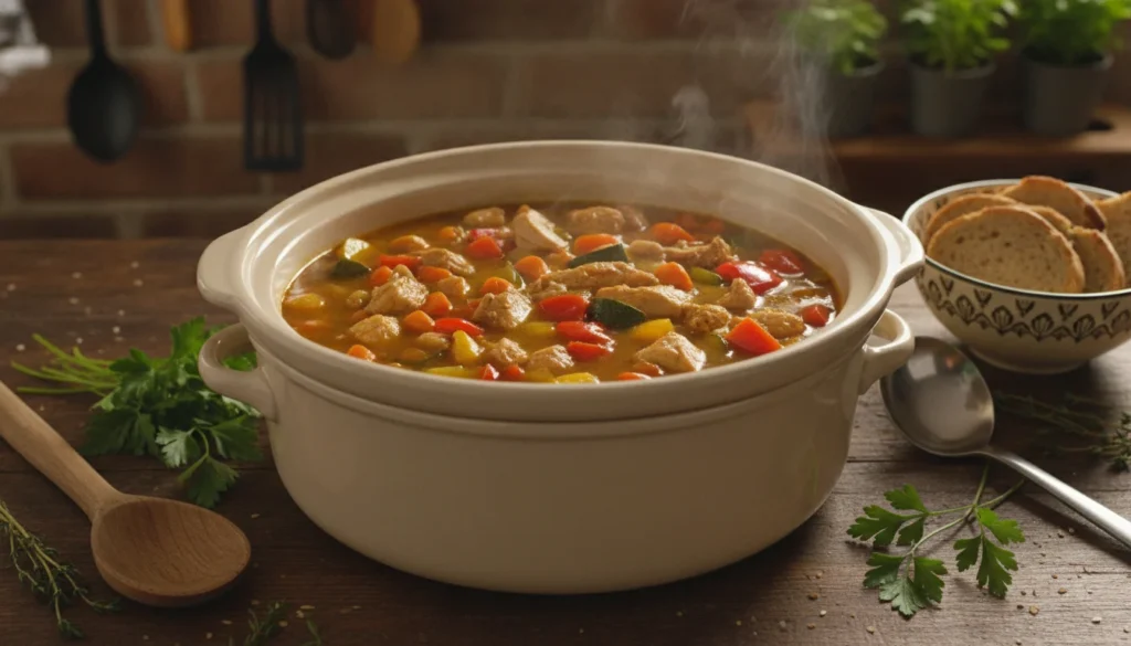 A beautifully arranged slow cooker filled with tender, gluten-free chicken stew, showcasing vibrant vegetables like carrots, bell peppers, and zucchini. The culinary scene is set on a rustic wooden kitchen table, with a warm, soft light illuminating the dish, creating an inviting atmosphere perfect for comfort food. In the background, there are kitchen utensils and herbs like fresh parsley and thyme, enhancing the home-cooked feel. The focus is on the rich textures of the chicken and vegetables, steam rising from the slow cooker, conveying a sense of warmth and easiness. The angle is slightly above the dish, capturing the enticing colors and details, inviting viewers to imagine the flavors. A beautifully arranged slow cooker filled with tender, gluten-free chicken stew, showcasing vibrant vegetables like carrots, bell peppers, and zucchini. The culinary scene is set on a rustic wooden kitchen table, with a warm, soft light illuminating the dish, creating an inviting atmosphere perfect for comfort food. In the background, there are kitchen utensils and herbs like fresh parsley and thyme, enhancing the home-cooked feel. The focus is on the rich textures of the chicken and vegetables, steam rising from the slow cooker, conveying a sense of warmth and easiness. The angle is slightly above the dish, capturing the enticing colors and details, inviting viewers to imagine the flavors.