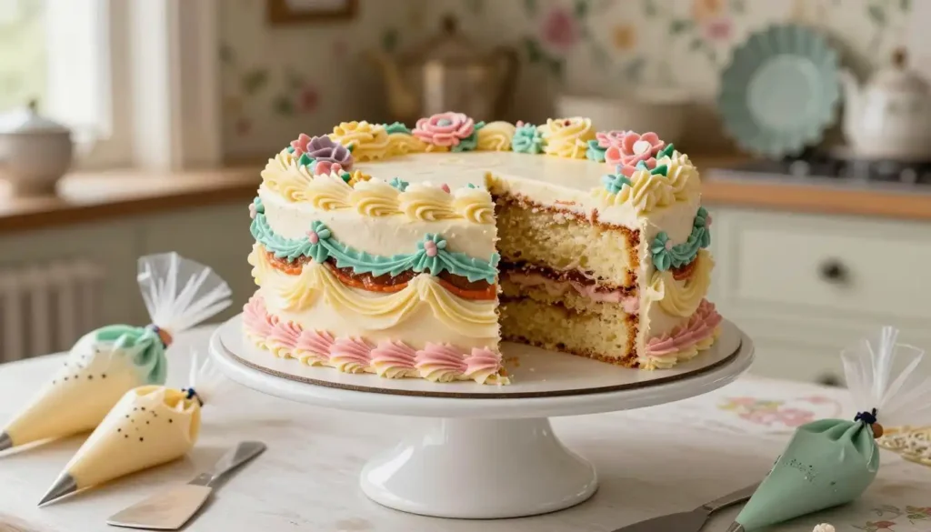 A beautifully arranged traditional Lambeth cake, showcasing intricate buttercream piping techniques, decorative floral elements, and vivid pastel colors. The foreground features a close-up of the cake's layers, revealing a cross-section of moist sponge cake, rich filling, and intricately designed frosting. In the middle ground, a pristine white cake stand elegantly displays the cake, surrounded by delicate cake tools like piping bags and spatulas. The background is softly blurred, hinting at a Victorian-style kitchen with floral wallpaper and vintage cake molds, creating a warm and inviting atmosphere. Natural, diffused lighting spills in from a window, highlighting the cake's details and enhancing the rich textures. The overall mood is nostalgic and artisanal, perfect for celebrating the rich history and craftsmanship behind the Lambeth cake method.