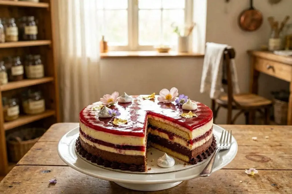 A beautifully crafted French entremet cake, showcasing a multi-layered design with smooth chocolate and vanilla mousse, vivid berry glaze, and elegant decorative elements such as delicate edible flowers and gold leaf. The cake is placed on a vintage wooden table, with a soft-focus backdrop of a rustic kitchen setting. Warm, diffused lighting creates a cozy atmosphere, emphasizing the cake's glossy surface and intricate textures. A shallow depth of field brings the entremet into sharp focus while gently blurring the surroundings. Capture this stunning dessert from a three-quarter angle to highlight its height and layers, conveying the artistry of French pastry making.