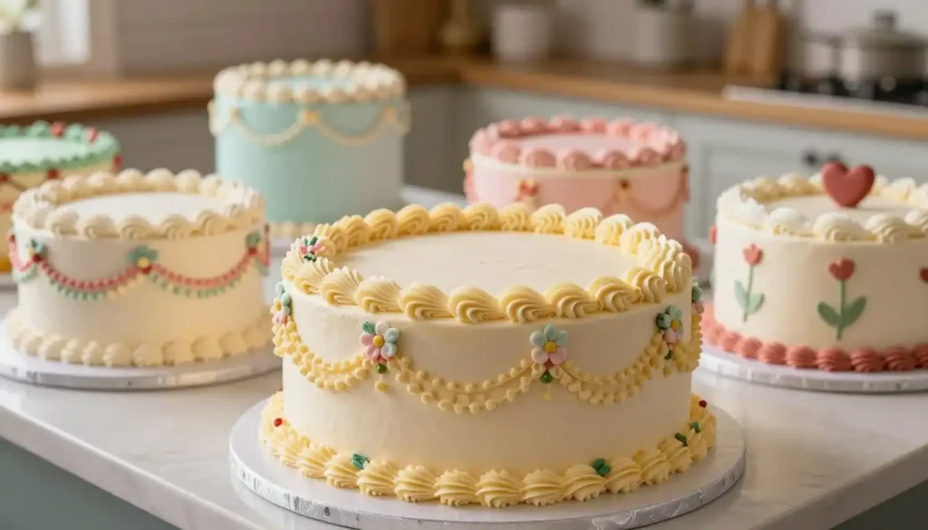A beautifully designed Lambeth cake sits prominently in the foreground, showcasing intricate piping decorations of delicate flowers and ornate borders, emphasizing craftsmanship and artistry. The middle ground features a variety of cakes in different colors and styles, each uniquely inspired by various occasions like weddings, birthdays, and celebrations. The background includes a softly blurred kitchen setting with warm, inviting lighting that highlights the cakes' glossy fondant finishes. The mood is celebratory and elegant, evoking a sense of joy and creativity. The camera angle is slightly above the cakes, enhancing the details while giving the viewer a clear view of their lavish decorations. Ensure the scene is vibrant yet harmonious, drawing attention to the beauty of Lambeth cake designs.
