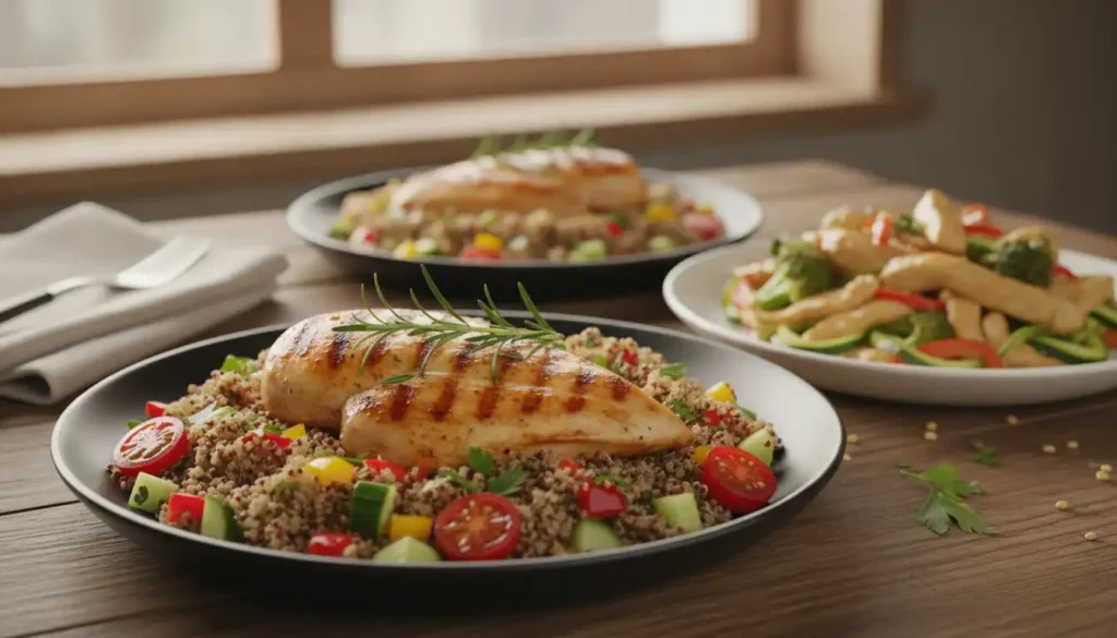 A beautifully plated assortment of gluten-free chicken meals showcasing vibrant colors and textures. In the foreground, a succulent grilled chicken breast garnished with fresh herbs sits atop a colorful bed of quinoa salad filled with diced peppers, cucumber, and cherry tomatoes. Beside it, a creamy chicken stir-fry with vibrant broccoli and bell peppers glistens lightly, showcasing its satisfying textures. The middle ground includes a rustic wooden table, adding warmth to the scene. In the background, soft natural light filters through a window, creating a cozy atmosphere and highlighting the dishes. The image captures a sense of comfort and simplicity, ideal for a weeknight meal setting, with a focus on wholesome and healthy gluten-free ingredients. A beautifully plated assortment of gluten-free chicken meals showcasing vibrant colors and textures. In the foreground, a succulent grilled chicken breast garnished with fresh herbs