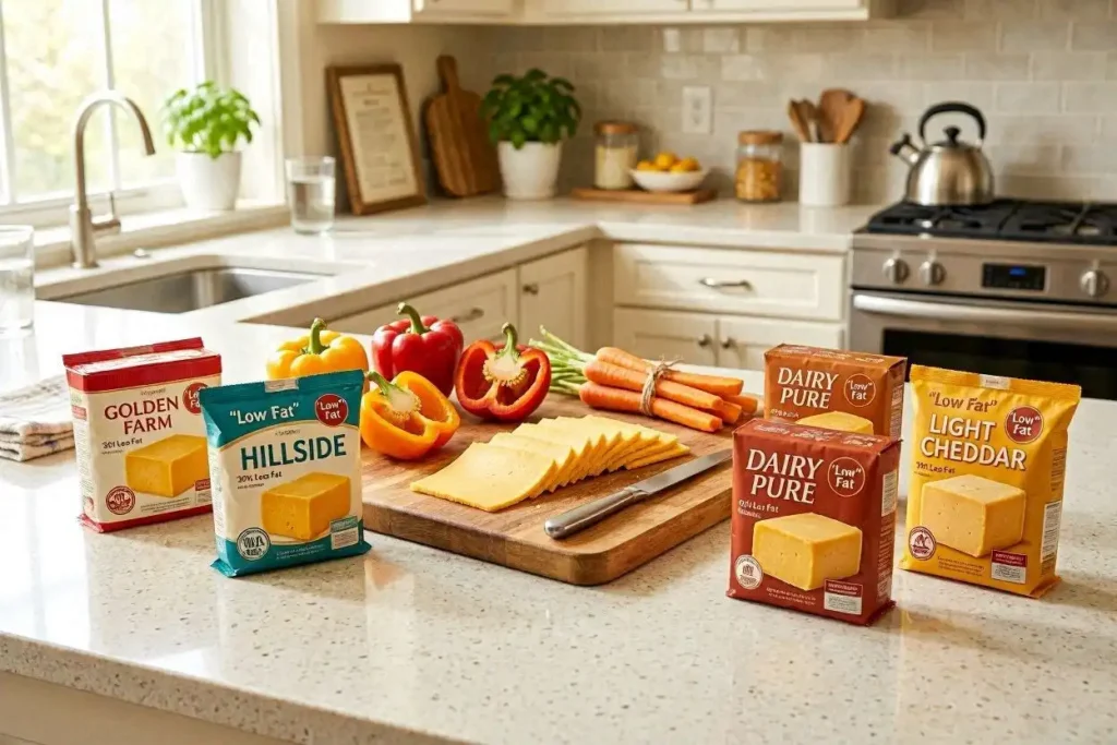 A-bright-and-inviting-kitchen-countertop-filled-with-an-assortment-of-low-fat-cheddar-cheese-brands
