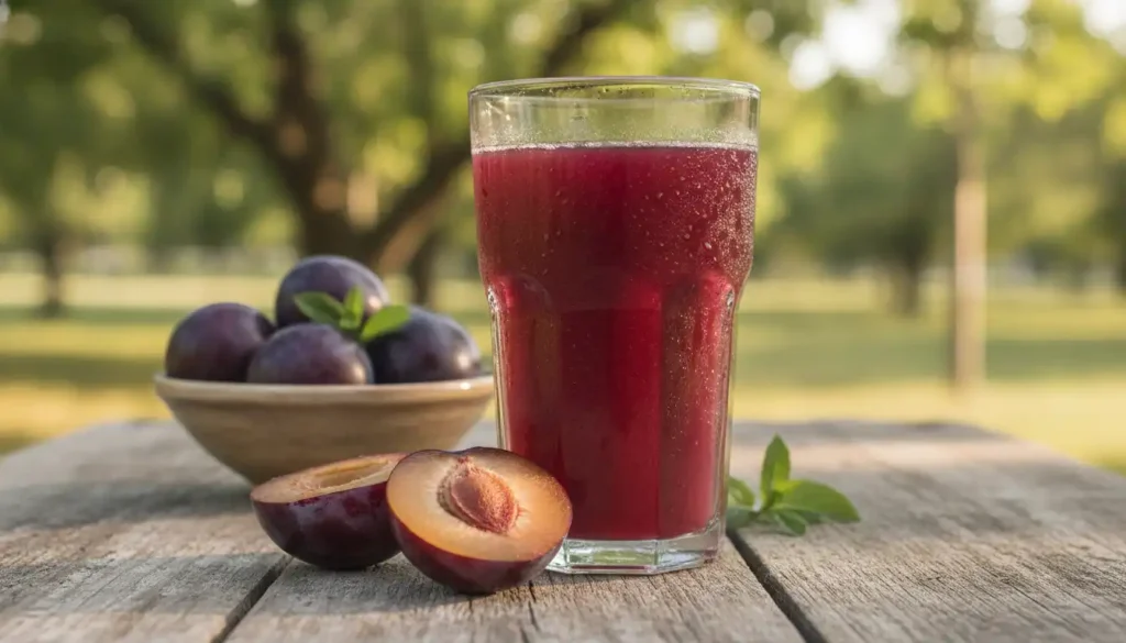 A close-up composition featuring a glass of vibrant, freshly squeezed plum juice, glistening with condensation, set on a rustic wooden table. In the foreground, ripe plums sliced open reveal their juicy, purple flesh and golden seeds. The middle ground showcases a small bowl of plums next to the glass, surrounded by fresh mint leaves. In the background, softly blurred greenery suggests a sunny orchard, enhancing the natural health theme. The lighting is warm and inviting, emphasizing the juice's rich color and making it appear refreshing. Capture the mood of vitality and wellness, reflecting the health benefits of plum juice. Use a shallow depth of field to focus on the glass while allowing the background to add context without distraction.