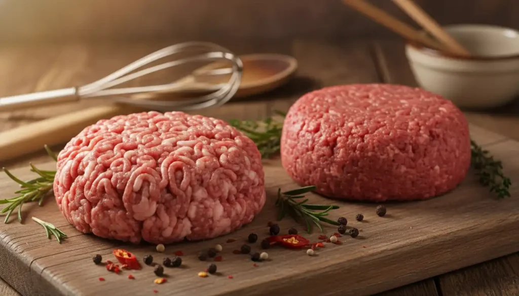 A close-up, dramatic comparison of ground beef chuck and regular ground beef on a rustic wooden cutting board, with vibrant colors and textures that highlight the natural marbling of the chuck. In the foreground, showcase two small mounds of each type of meat, perfectly shaped and separated, glistening with freshness. In the middle background, include a few fresh herbs and spices scattered around, hinting at flavor and culinary use. The background should softly fade to out-of-focus kitchen tools, suggesting a warm, homey atmosphere. Natural, warm lighting spills in from the left, emphasizing the rich red and marbled tan tones of the meats. The angle should be slightly above eye level, creating an engaging perspective that invites exploration of the ingredients, evoking a sense of curiosity and appetite. A close-up, dramatic comparison of ground beef chuck and regular ground beef on a rustic wooden cutting board, with vibrant colors and textures that highlight the natural marbling of the chuck. In the foreground, showcase two small mounds of each type of meat, perfectly shaped and separated, glistening with freshness. In the middle background, include a few fresh herbs and spices scattered around, hinting at flavor and culinary use. The background should softly fade to out-of-focus kitchen tools, suggesting a warm, homey atmosphere. Natural, warm lighting spills in from the left, emphasizing the rich red and marbled tan tones of the meats. The angle should be slightly above eye level, creating an engaging perspective that invites exploration of the ingredients, evoking a sense of curiosity and appetite.