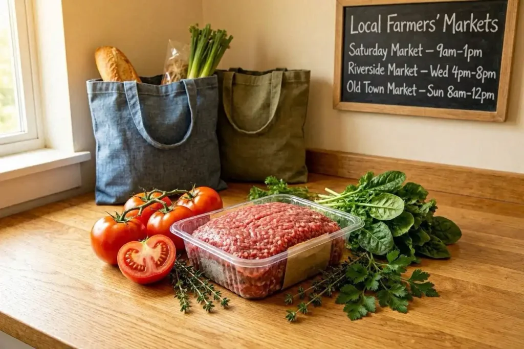A close-up shot of a fresh package of grass-fed ground beef placed on a wooden kitchen counter, surrounded by colorful ingredients like ripe tomatoes, leafy greens, and fresh herbs. In the background, neatly arranged shopping bags and a chalkboard featuring a list of local farmers' markets. Soft, natural lighting creates a warm and inviting atmosphere, enhancing the vibrant colors of the ingredients. The angle is slightly overhead, providing a clear view of the beef package and the surrounding items, all focused on the theme of shopping for quality meat. The mood conveys a sense of health-conscious cooking and the joy of selecting fresh produce.
