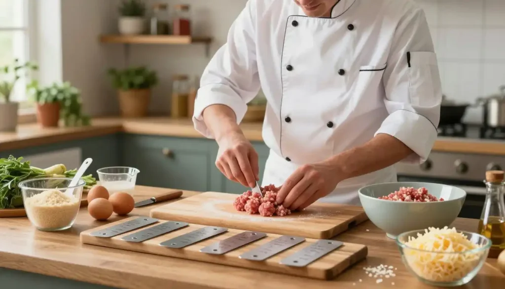 A colorful, step-by-step cooking setup illustrating how to use binders in recipes. In the foreground, a wooden cutting board features various binders such as breadcrumbs, eggs, and grated cheese, along with measuring cups and mixing bowls. In the middle, a chef in professional attire gently mixes the binders with ground meat to prepare meatballs, showcasing a focused expression. The background features a cozy kitchen scene with shelves filled with spices, herbs, and a hint of warm natural light streaming through a window, creating an inviting atmosphere. The overall mood conveys a sense of warmth, creativity, and culinary expertise, captured with a shallow depth of field to emphasize the action in the forefront.