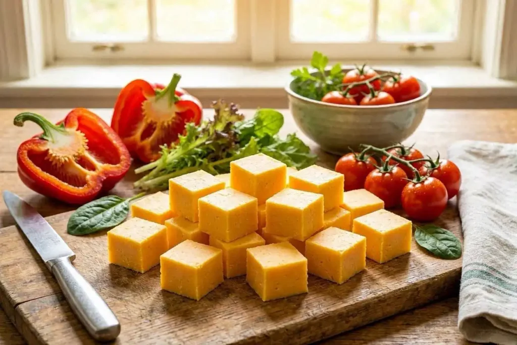 A-fresh-block-of-low-fat-cheddar-cheese-cut-into-cubes-prominently-displayed-in-the-foreground-on-a-rustic-wooden-table-showcasing-its-smooth-texture-and-rich-golden-color