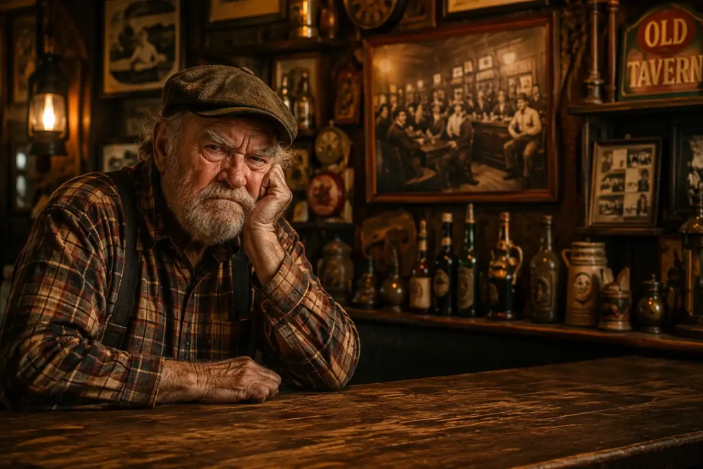 A grumpy old man sitting at a rustic wooden bar filled with vintage drink memorabilia. He has a weathered face, bushy eyebrows, and a scruffy white beard, wearing a plaid shirt and suspenders. The foreground showcases a glass of dark, rich ale on the bar, with condensation glistening on the glass. In the middle background, shelves are adorned with various bottles and a framed photo of a bustling tavern scene from the past. Warm, dim lighting casts soft shadows, creating an inviting yet melancholic atmosphere. The camera angle is slightly above eye level to capture the man's expression of nostalgia and contemplation as he gazes into his drink. The overall mood is one of reflection, emblematic of cultural significance and the origins of the grumpy old man drink. A-grumpy-old-man-sits-at-a-rustic-wooden-bar-decorated-with-vintage-drink-memorabilia.-He-has-a-weathered-face
