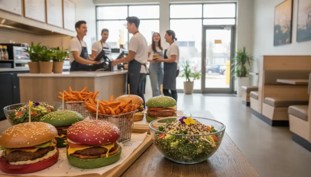 Assortment of gluten-free fast food items artfully arranged on a wooden table