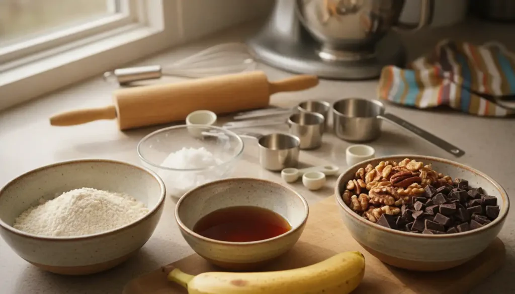 A vibrant kitchen countertop scene showcasing essential ingredients for dairy-free cookies. In the foreground, neatly arranged bowls contain almond flour, coconut oil, maple syrup, and a mix of nuts and dairy-free chocolate chips. A fresh banana sits nearby, symbolizing a natural sweetener. In the middle ground, a rolling pin, measuring cups, and spoons add to the baking ambiance. The background features soft-focus baking utensils and a colorful kitchen towel. The composition is illuminated by warm, natural light streaming in from a window, creating a cozy and inviting atmosphere. The focus is sharp on the ingredients, appealing to those eager to make delicious dairy-free treats. A vibrant kitchen countertop scene showcasing essential ingredients for dairy-free cookies