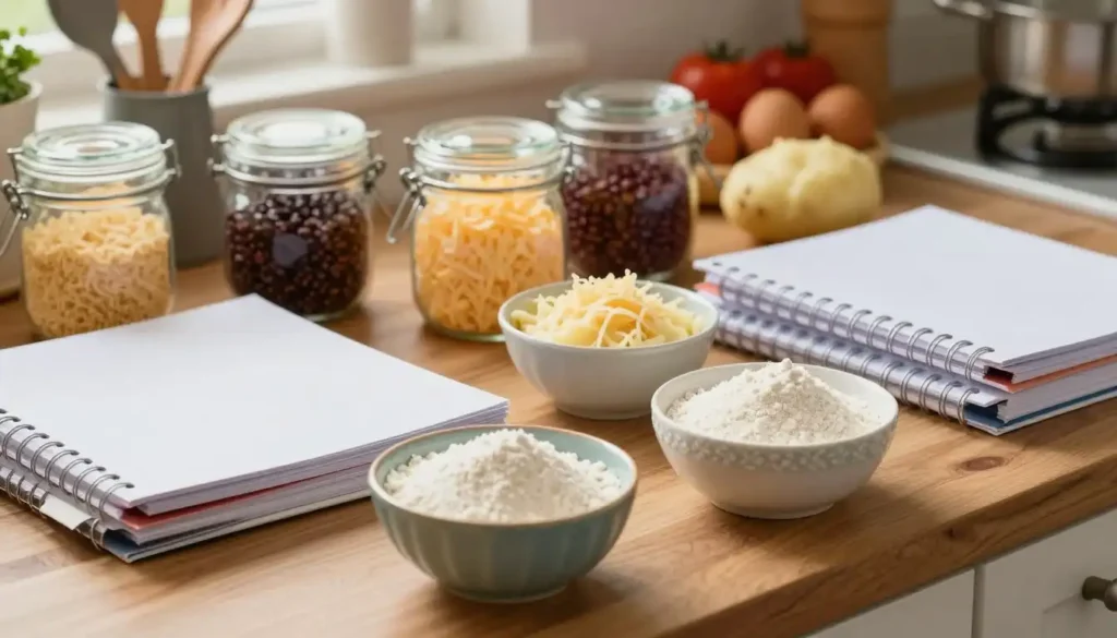 A vibrant kitchen scene showcasing various types of cooking binders arranged on a wooden countertop. In the foreground, focus on classic binders like breadcrumbs, eggs, and flour in decorative bowls. In the middle, innovative binders such as grated cheese, mashed potatoes, and legumes are presented in chic jars. The background features a subtle blur of kitchen utensils and fresh ingredients, creating a cozy, inviting atmosphere. Utilize warm, natural lighting to enhance the colors and textures of the binders, highlighting the nutritional aspects. A close-up perspective, shot at a slight angle, conveys a sense of intimacy, enticing the viewer into the world of cooking and ingredient selection. The overall mood is energetic yet homey, perfect for inspiring culinary creativity.