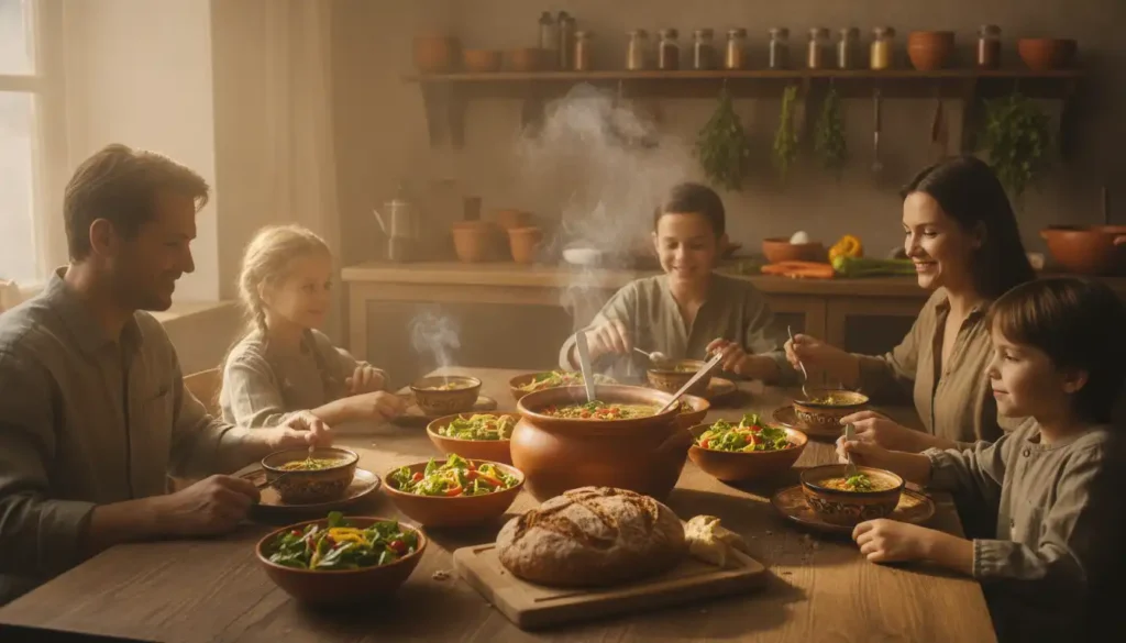 A warm and inviting kitchen scene showcasing a hearty family meal featuring a large pot of soup, rich in vegetables and herbs, with steam rising, hinting at its warmth. In the foreground, a beautifully set wooden dining table has bowls filled with vibrant soups and garnishes, alongside freshly baked bread and colorful salads. In the middle, family members casually dressed in modest clothing, smiling and reaching for food, creating a sense of togetherness. The background features rustic kitchen elements, such as wooden shelves lined with spices and chopped ingredients. Soft, natural lighting filters in through a window, casting a warm glow, while an inviting atmosphere emphasizes the appeal of gathering around a nourishing meal together, evoking feelings of comfort and connection. A warm and inviting kitchen scene showcasing a hearty family meal featuring a large pot of soup, rich in vegetables and herbs, with steam rising, hinting at its warmth. In the foreground