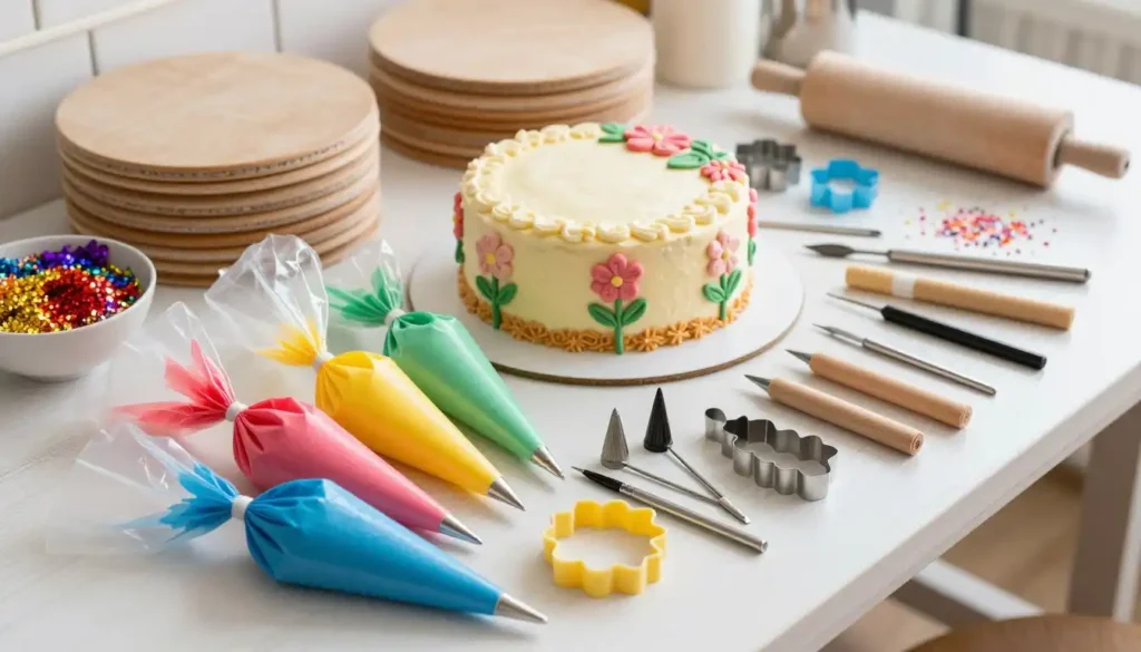 A well-arranged display of essential tools for Lambeth cake decorating, capturing the essence of a professional pastry setup. In the foreground, feature exquisite, vibrant piping bags filled with colorful buttercream, various icing nozzles, and fondant tools like rolling pins and cutters. The middle layer showcases a beautifully decorated Lambeth cake, adorned with intricate floral designs, showcasing the skills those tools can produce. In the background, there are neatly organized work surfaces with cake boards and a vibrant array of edible glitter and sprinkles, all under soft, diffused natural lighting. The atmosphere is warm and inviting, emphasizing creativity in baking, with a focus on crafting stunning cakes. Shot in a slightly elevated angle to capture all elements harmoniously.