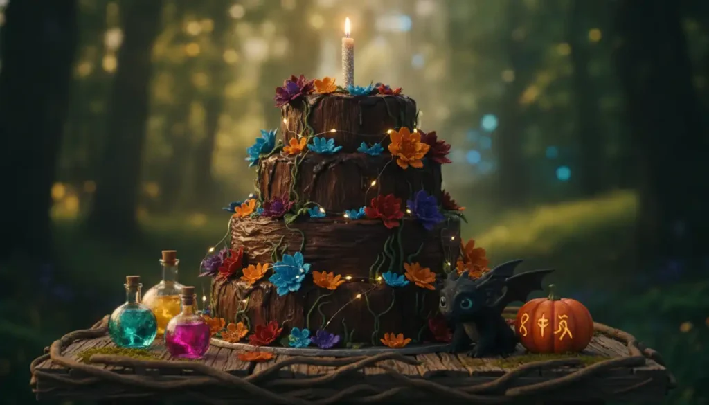 A whimsical birthday cake inspired by Hagrid's magical touch, set on an enchanted forest table. The cake is large and layered, featuring a rustic chocolate design adorned with vibrant, edible flowers and small, twinkling fairy lights. In the foreground, a few colorful potion bottles and magical creatures, like a fluffy baby dragon and a giant pumpkin, enhance the festive atmosphere. The middle section features the cake prominently, with a sparkling candle ready for lighting. Soft, warm golden lighting highlights the cake’s textures and creates a cozy ambiance. In the background, lush green trees and shimmering lights subtly suggest a magical forest setting, inviting joy and wonder. The angle captures the cake slightly from above, emphasizing its grandeur and charm. A whimsical birthday cake inspired by Hagrid's magical touch, set on an enchanted forest table. The cake is large and layered, featuring a rustic chocolate design adorned with vibrant, edible flowers and small, twinkling fairy lights. In the foreground, a few colorful potion bottles and magical creatures, like a fluffy baby dragon and a giant pumpkin, enhance the festive atmosphere. The middle section features the cake prominently, with a sparkling candle ready for lighting. Soft, warm golden lighting highlights the cake’s textures and creates a cozy ambiance. In the background, lush green trees and shimmering lights subtly suggest a magical forest setting, inviting joy and wonder. The angle captures the cake slightly from above, emphasizing its grandeur and charm.