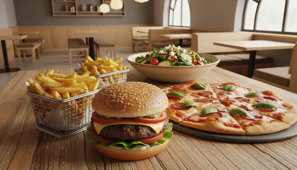 Assortment-of-gluten-free-fast-food-items-artfully-arranged-on-a-wooden-table