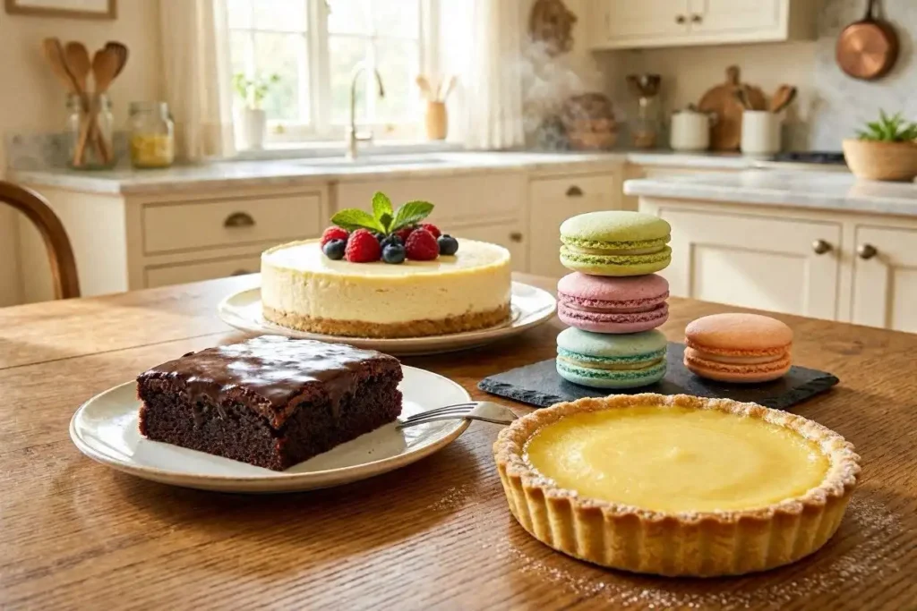 A beautifully arranged display of delectable gluten-free desserts on an elegant wooden table. In the foreground, a variety of desserts are showcased a rich chocolate brownie topped with a glossy ganache, a creamy lemon tart with a golden crust, and a stack of delicate macarons in pastel colors. In the middle, a soft, fluffy cheesecake garnished with fresh berries and mint leaves adds a touch of freshness. The background features a cozy kitchen setting with warm, natural light streaming through a window, enhancing the inviting atmosphere. The mood is cheerful and indulgent, perfect for autumn gatherings, with hints of seasonal decor like small pumpkins and autumn leaves subtly placed around the scene. The composition should be captured with a shallow depth of field, using a close-up angle to highlight the textures and details of each dessert.