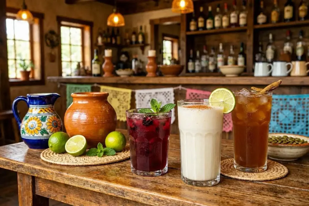 A beautifully arranged display of popular Mexican beverages, showcasing vibrant and refreshing drinks like horchata, jamaica, and tamarindo. In the foreground, elegantly crafted glasses filled with colorful liquids, garnished with fresh fruit like lime and mint. The middle showcases a wooden table adorned with traditional pottery and decorative elements, enhancing the cultural theme. In the background, a rustic bar setting, with soft, warm lighting casting a cozy atmosphere. The scene captures the essence of a festive gathering, evoking a sense of joy and celebration. The overall mood is inviting and lively, emphasizing the rich heritage of Mexican drink-making.