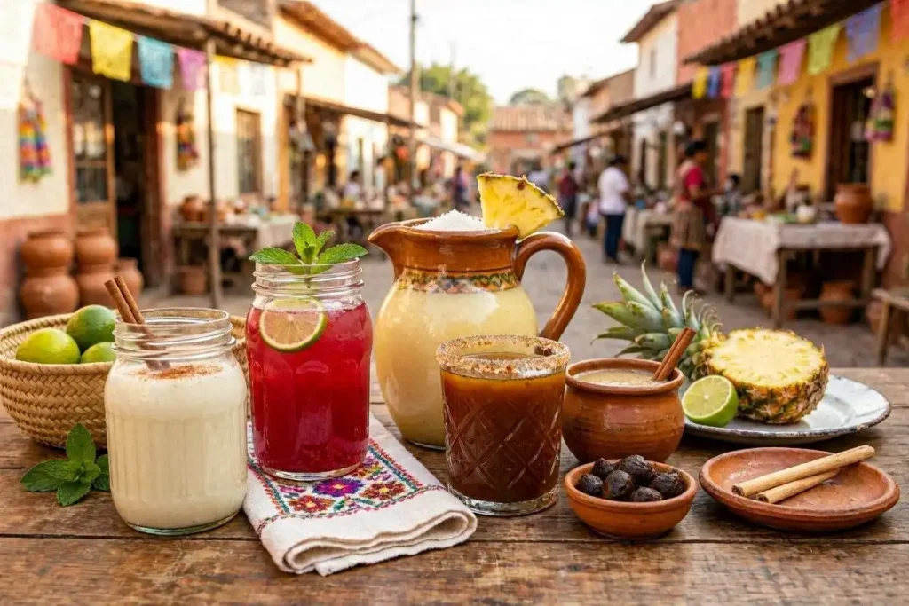 A beautifully arranged display of traditional Mexican beverages on a rustic wooden table. In the foreground, showcase vibrant jars of Horchata, bright pink Agua de Jamaica, and classic Tamarindo drink in decorative glasses, adorned with fresh fruit slices and mint leaves. In the middle, place a traditional pitcher filled with Piña Colada and a small clay cup filled with freshly made Atole, highlighting their textures and colors. The background features a soft-focus image of a colorful Mexican market, with papel picado decorations and sunlight filtering through, creating a warm, inviting atmosphere. Use natural lighting to emphasize the vivid colors of the drinks and the warmth of the setting. Capture this scene from a slightly elevated angle to provide a rich overview of the beverages, evoking a festive and cultural mood.