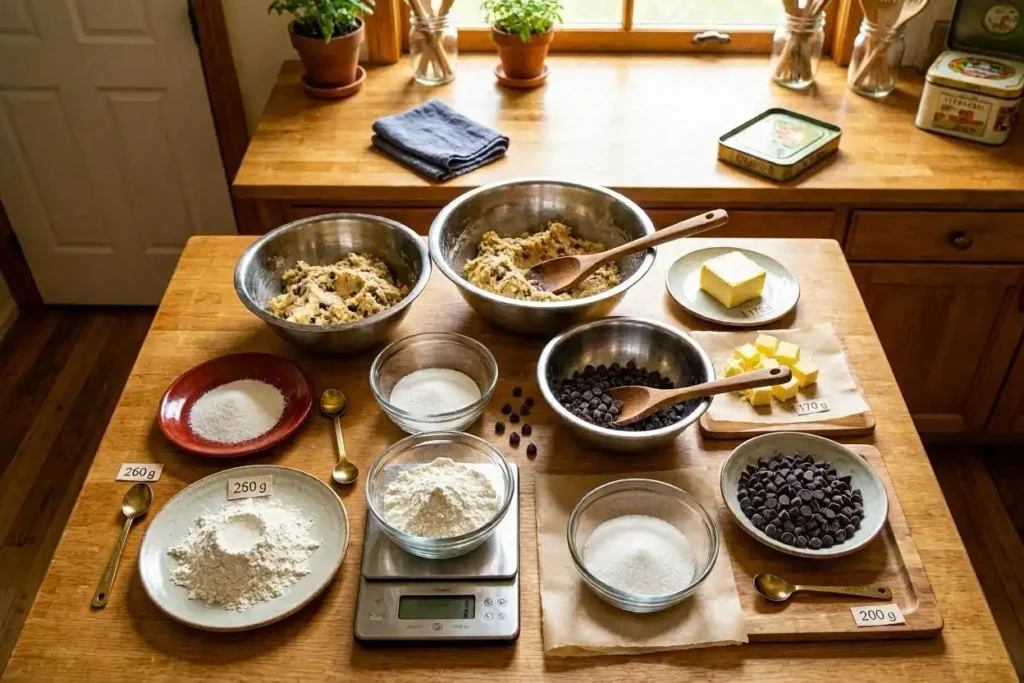 A beautifully arranged overhead shot of a kitchen countertop featuring the classic Nestle Toll House cookie recipe, with ingredients measured in grams. In the foreground, a scale shows precise measurements of flour, sugar, butter, and chocolate chips, all laid out neatly. The middle layer includes mixing bowls filled with blended dough, alongside a wooden spoon and some chocolate chips spilling over. The background showcases a warm, inviting kitchen atmosphere with soft, natural light filtering through a window, highlighting the texture of the countertop and ingredients. The mood is cozy and homely, focused on precision in baking, capturing the essence of perfect cookie-making. A beautifully arranged overhead shot of a kitchen countertop featuring the classic Nestle Toll House cookie recipe, with ingredients measured in grams. In the foreground, a scale shows precise measurements of flour, sugar, butter, and chocolate chips, all laid out neatly. The middle layer includes mixing bowls filled with blended dough, alongside a wooden spoon and some chocolate chips spilling over. The background showcases a warm, inviting kitchen atmosphere with soft, natural light filtering through a window, highlighting the texture of the countertop and ingredients. The mood is cozy and homely, focused on precision in baking, capturing the essence of perfect cookie-making.