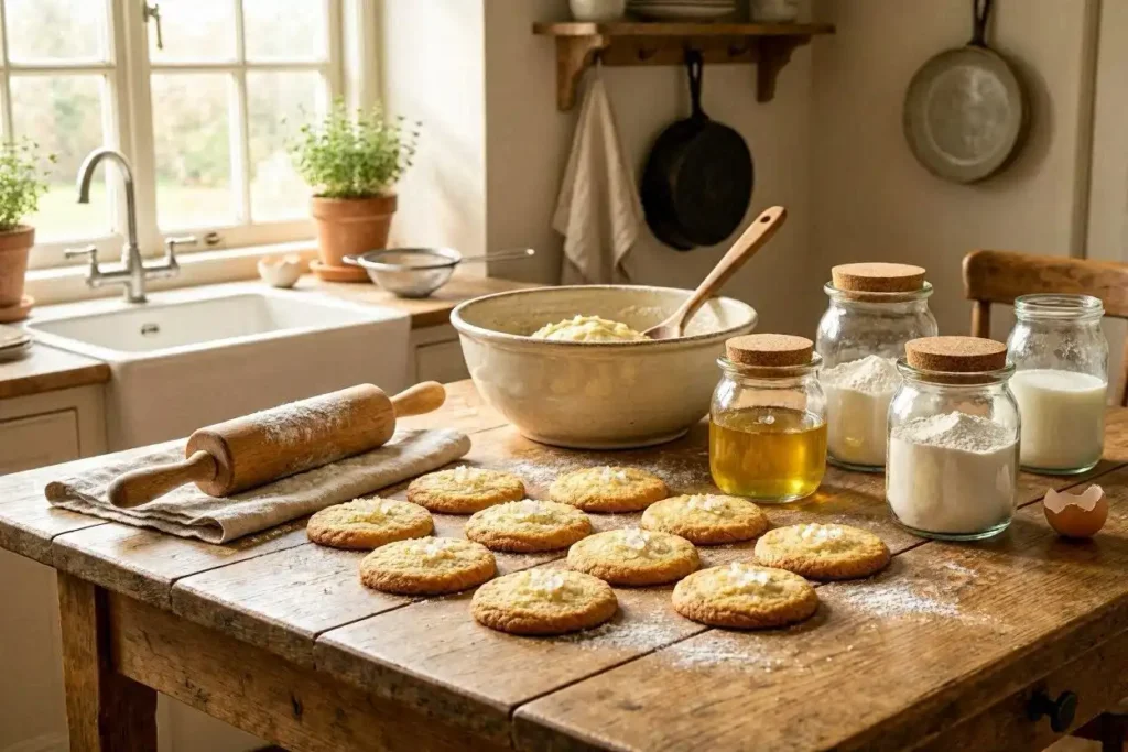 A beautifully arranged scene showcasing a buttery cookie recipe in a cozy kitchen. In the foreground, a rustic wooden table is adorned with a dozen freshly baked butter cookies, golden brown and perfectly round, some sprinkled with flaky sea salt. Next to the cookies, there are clarified butter, sugar, and flour neatly arranged in rustic glass jars, hinting at the ingredients used. The middle ground features a mixing bowl with a wooden spoon, a rolling pin dusted with flour, and a set of measuring cups, all invitingly placed. The background shows soft, warm lighting streaming through a lace-curtained window, casting a natural glow over the scene. The atmosphere feels warm, inviting, and homely, ideal for baking enthusiasts. A beautifully arranged scene showcasing a buttery cookie recipe in a cozy kitchen. In the foreground, a rustic wooden table is adorned with a dozen freshly baked butter cookies, golden brown and perfectly round, some sprinkled with flaky sea salt. Next to the cookies, there are clarified butter, sugar, and flour neatly arranged in rustic glass jars, hinting at the ingredients used. The middle ground features a mixing bowl with a wooden spoon, a rolling pin dusted with flour, and a set of measuring cups, all invitingly placed. The background shows soft, warm lighting streaming through a lace-curtained window, casting a natural glow over the scene. The atmosphere feels warm, inviting, and homely, ideal for baking enthusiasts.