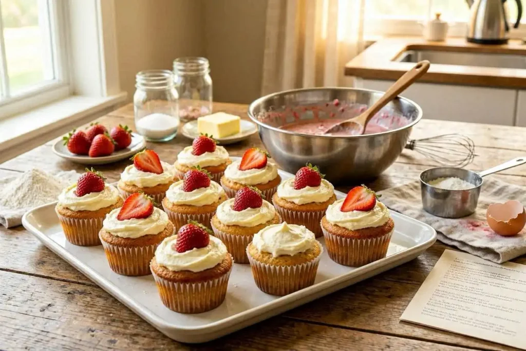 A beautifully arranged scene showcasing an easy strawberry cupcake recipe. In the foreground, a tray of freshly baked strawberry cupcakes topped with cream cheese frosting and vibrant, juicy strawberries. Some cupcakes are partially frosted, hinting at the preparation process. In the middle, a rustic wooden table adorned with scattered flour, sugar, and a measuring cup, emphasizing the one-bowl preparation aspect. In the background, soft morning light filters through a nearby window, creating a warm, inviting atmosphere. The kitchen is cozy and warmly decorated, with subtle pastel colors that complement the strawberries. The overall mood is cheerful and inviting, perfect for a beginner-friendly baking experience. The image should be bright and well-lit, capturing the essence of homemade baking.