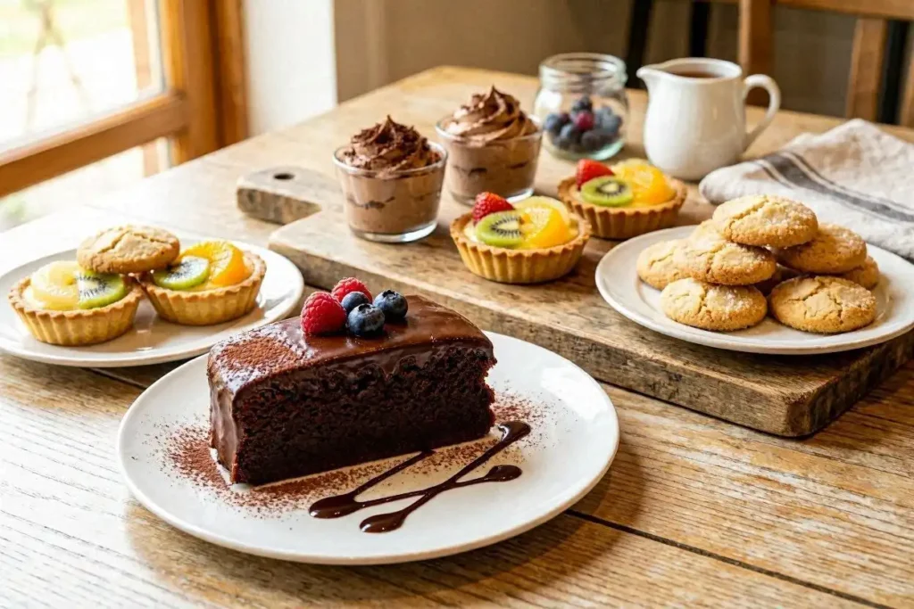 A beautifully arranged table showcasing a variety of easy gluten-free desserts, including a fluffy chocolate mousse, vibrant fruit tarts, and delicate almond cookies. In the foreground, a close-up of a decadent slice of gluten-free chocolate cake topped with fresh berries and a drizzle of chocolate sauce. The middle ground features a wooden serving board with an assortment of colorful mini desserts, elegantly presented on simple white plates. The background is a softly blurred kitchen setting with warm, natural light filtering through a window, enhancing the inviting atmosphere. The mood is cozy and homey, perfect for beginners to feel inspired and enthusiastic about creating these delightful treats.