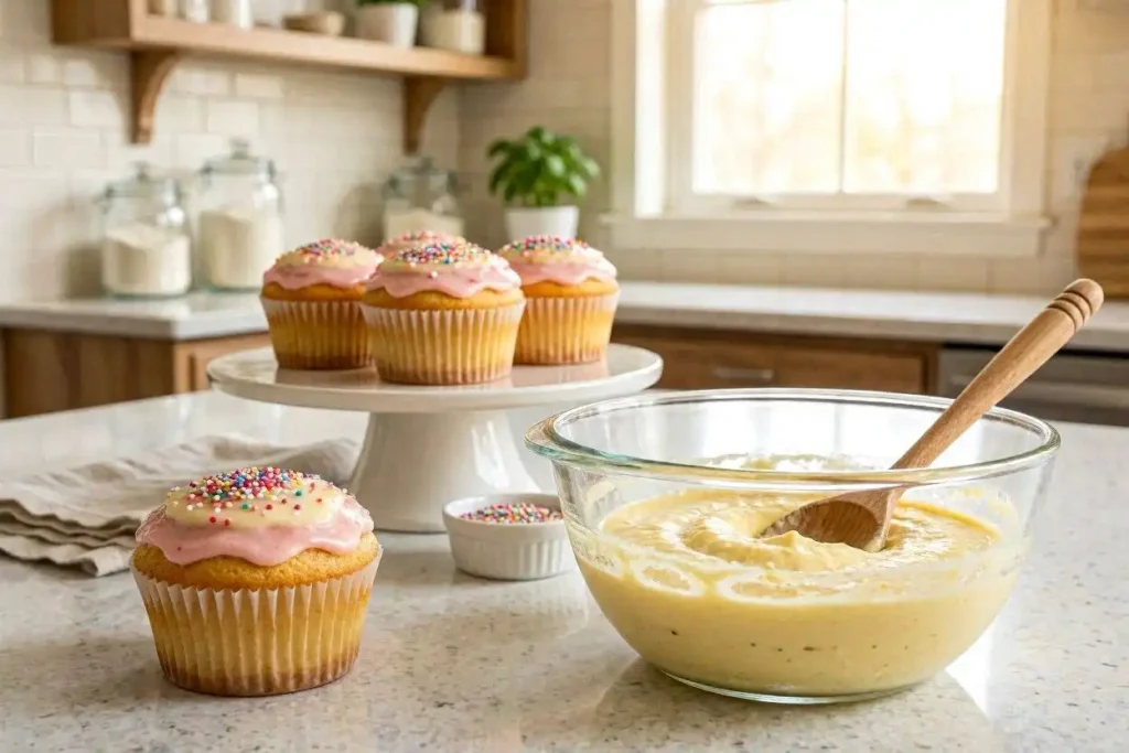 A beautifully styled kitchen countertop featuring a vibrant, frosted cupcake decorated with colorful sprinkles and a rich vanilla glaze, capturing the essence of a strawberry cupcake, yet without any strawberries. In the foreground, a clear glass mixing bowl filled with a fluffy yellow batter and a wooden spoon rests next to the cupcake. The middle ground shows a simple yet elegant cake stand holding a few more cupcakes, arranged artfully. The background is soft-focused, displaying quaint kitchen elements like a pastel-colored whisk and a decorative apron hanging on the wall. The lighting is warm and inviting, suggesting a cozy baking atmosphere. The image should evoke a sense of warmth and creativity, perfect for a delightful baking experience.
