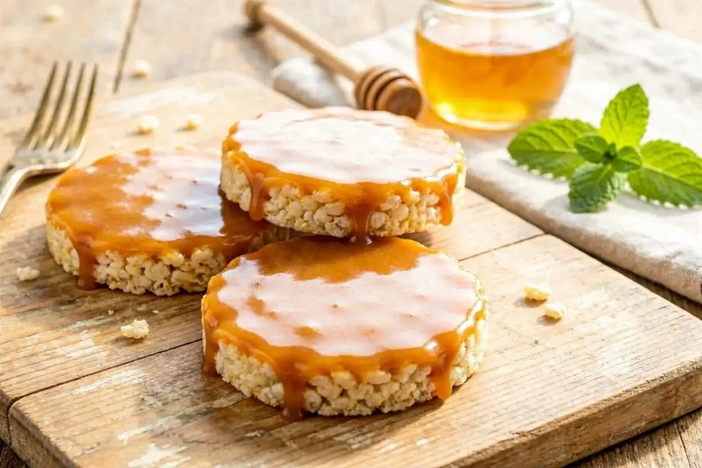 A close-up composition of low calorie caramel rice cakes artfully arranged on a light, rustic wooden surface. The rice cakes are topped with a glossy layer of rich, smooth caramel that gently cascades over the edges, catching the warm sunlight and creating a mouthwatering shine. In the background, softly blurred kitchen elements like a delicate jar of honey and a sprig of mint add charm and hint at natural ingredients. The lighting is warm and inviting, reminiscent of a cozy sunrise, highlighting the textures of the rice cakes and the glossy caramel. The atmosphere exudes a fresh, healthy vibe, perfect for a gourmet treat that is both visually appealing and low in calories. Use a shallow depth of field to emphasize the focus on the rice cakes. A close-up composition of low calorie caramel rice cakes artfully arranged on a light, rustic wooden surface. The rice cakes are topped with a glossy layer of rich, smooth caramel that gently cascades over the edges, catching the warm sunlight and creating a mouthwatering shine. In the background, softly blurred kitchen elements like a delicate jar of honey and a sprig of mint add charm and hint at natural ingredients. The lighting is warm and inviting, reminiscent of a cozy sunrise, highlighting the textures of the rice cakes and the glossy caramel. The atmosphere exudes a fresh, healthy vibe, perfect for a gourmet treat that is both visually appealing and low in calories. Use a shallow depth of field to emphasize the focus on the rice cakes.