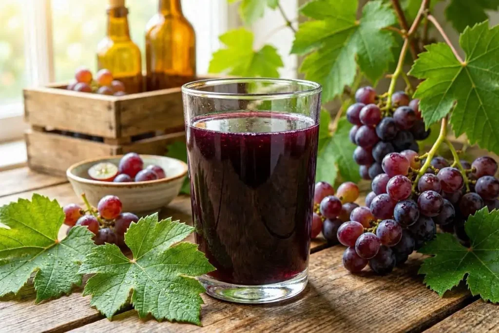 A close-up view of a glass of freshly squeezed organic Concord grape juice, vibrant purple with a slight sheen, reflecting light. The glass is surrounded by lush green grapevines bursting with ripe Concord grapes, droplets of morning dew glistening on the leaves and fruits. In the background, softly blurred rustic wooden crates and bottles add a homey, artisanal feel, suggesting a cozy kitchen atmosphere. Warm, natural sunlight streams in from the left, casting gentle shadows and highlighting the rich color of the juice. The scene exudes a feeling of freshness and abundance, inviting the viewer to experience the natural magic of homemade grape juice. A close-up view of a glass of freshly squeezed organic Concord grape juice, vibrant purple with a slight sheen, reflecting light. The glass is surrounded by lush green grapevines bursting with ripe Concord grapes, droplets of morning dew glistening on the leaves and fruits. In the background, softly blurred rustic wooden crates and bottles add a homey, artisanal feel, suggesting a cozy kitchen atmosphere. Warm, natural sunlight streams in from the left, casting gentle shadows and highlighting the rich color of the juice. The scene exudes a feeling of freshness and abundance, inviting the viewer to experience the natural magic of homemade grape juice.