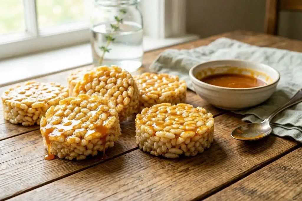 A close-up view of popular caramel rice cakes arranged aesthetically on a rustic wooden table. The rice cakes are topped with a glossy layer of rich, golden caramel, which glistens under soft, natural lighting. In the foreground, a delicate piece of caramel drips slightly off one cake, creating an inviting texture. In the middle ground, a small bowl of caramel sauce sits beside the rice cakes, with a spoon resting next to it, hinting at a potential drizzle. In the background, a blurred kitchen setting adds warmth and homeliness to the scene, with soft-focus greenery to enhance the inviting atmosphere. The overall mood is cozy and indulgent, highlighting the gourmet appeal of the treat. A close-up view of popular caramel rice cakes arranged aesthetically on a rustic wooden table. The rice cakes are topped with a glossy layer of rich, golden caramel, which glistens under soft, natural lighting. In the foreground, a delicate piece of caramel drips slightly off one cake, creating an inviting texture. In the middle ground, a small bowl of caramel sauce sits beside the rice cakes, with a spoon resting next to it, hinting at a potential drizzle. In the background, a blurred kitchen setting adds warmth and homeliness to the scene, with soft-focus greenery to enhance the inviting atmosphere. The overall mood is cozy and indulgent, highlighting the gourmet appeal of the treat.