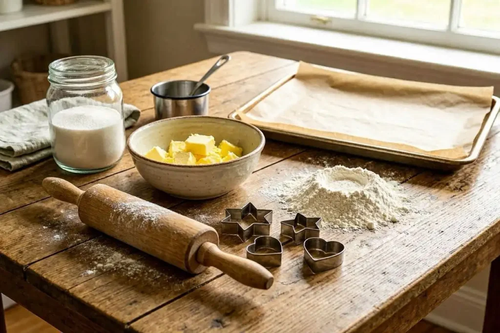 A cozy kitchen setting featuring a rustic wooden table adorned with ingredients for a simple butter cookie recipe: a bowl of golden butter, a container of granulated sugar, and a pile of all-purpose flour. In the foreground, a rolling pin and cookie cutters shaped like stars and hearts are arranged neatly next to a parchment-lined baking sheet ready for cookies. Soft natural light streams through a nearby window, casting warm highlights on the ingredients, creating an inviting atmosphere. The background displays kitchen utensils and a hint of vintage jars, emphasizing a homey vibe. The overall mood conveys a sense of warmth and simplicity, perfect for highlighting the joy of baking a classic butter cookie with just three ingredients. A cozy kitchen setting featuring a rustic wooden table adorned with ingredients for a simple butter cookie recipe a bowl of golden butter, a container of granulated sugar, and a pile of all-purpose flour. In the foreground, a rolling pin and cookie cutters shaped like stars and hearts are arranged neatly next to a parchment-lined baking sheet ready for cookies. Soft natural light streams through a nearby window, casting warm highlights on the ingredients, creating an inviting atmosphere. The background displays kitchen utensils and a hint of vintage jars, emphasizing a homey vibe. The overall mood conveys a sense of warmth and simplicity, perfect for highlighting the joy of baking a classic butter cookie with just three ingredients.