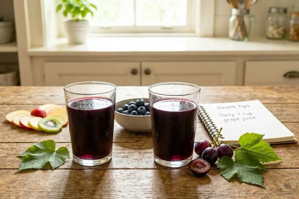 A vibrant and health-focused composition showcasing the benefits of Concord grape juice. In the foreground, a glass filled with fresh, deep purple Concord grape juice glistens with droplets of condensation, surrounded by a few whole grapes and green leaves. In the middle, a wooden table displays various health-related items: a small bowl of antioxidants like blueberries, a heart symbol made of fruit slices, and a notepad with health tips. The background features soft, natural light filtering through a window, illuminating a lush vineyard scene with ripe Concord grapes hanging from a vine, creating a serene and inviting atmosphere. The overall mood is fresh and revitalizing, emphasizing wellness and vitality. A vibrant and health-focused composition showcasing the benefits of Concord grape juice. In the foreground, a glass filled with fresh, deep purple Concord grape juice glistens with droplets of condensation, surrounded by a few whole grapes and green leaves. In the middle, a wooden table displays various health-related items a small bowl of antioxidants like blueberries, a heart symbol made of fruit slices, and a notepad with health tips. The background features soft, natural light filtering through a window, illuminating a lush vineyard scene with ripe Concord grapes hanging from a vine, creating a serene and inviting atmosphere. The overall mood is fresh and revitalizing, emphasizing wellness and vitality.