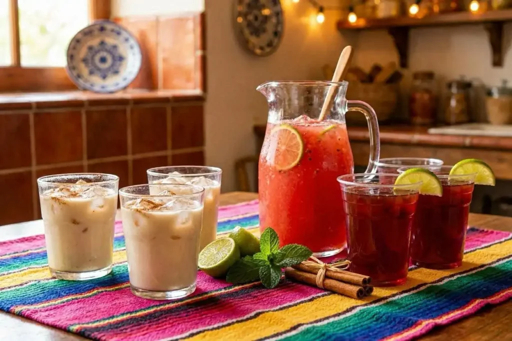 A vibrant selection of non-alcoholic Mexican beverages, including glasses of horchata with ice, a tall pitcher of agua fresca made from fresh watermelon, and traditional jamaica tea in clear cups, all artfully arranged on a colorful woven tablecloth. In the foreground, ice cubes clink in the glasses, catching the light. In the middle, a cluster of fresh ingredients like limes, mint leaves, and cinnamon sticks adds texture and color. The background features soft-focus traditional Mexican pottery and a sunny outdoor patio setting, evoking a warm, inviting atmosphere. The lighting is bright and cheerful, mimicking a sunny afternoon. The composition is shot with a wide-angle lens to capture the scene's full essence, creating a refreshing and festive mood.