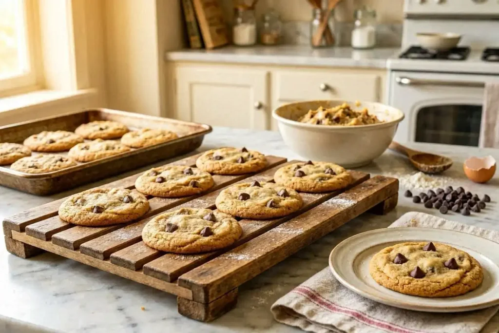 A warm and inviting kitchen scene featuring freshly baked Nestle Toll House chocolate chip cookies cooling on a rustic wooden rack. In the foreground, a perfectly golden brown cookie rests on a white plate with a slight melt of chocolate chips gleaming. In the middle, a bowl of cookie dough, rich and creamy, is scattered with chocolate chips. A baking tray with slightly misshapen cookies, illustrating the homemade charm, sits nearby. The background showcases soft-focused kitchen shelves filled with baking essentials and a window letting in soft, natural light, casting gentle shadows. The mood is cozy and nostalgic, evoking the warmth of home baking, with a subtle lens flare enhancing the inviting atmosphere. A warm and inviting kitchen scene featuring freshly baked Nestle Toll House chocolate chip cookies cooling on a rustic wooden rack. In the foreground, a perfectly golden brown cookie rests on a white plate with a slight melt of chocolate chips gleaming. In the middle, a bowl of cookie dough, rich and creamy, is scattered with chocolate chips. A baking tray with slightly misshapen cookies, illustrating the homemade charm, sits nearby. The background showcases soft-focused kitchen shelves filled with baking essentials and a window letting in soft, natural light, casting gentle shadows. The mood is cozy and nostalgic, evoking the warmth of home baking, with a subtle lens flare enhancing the inviting atmosphere.