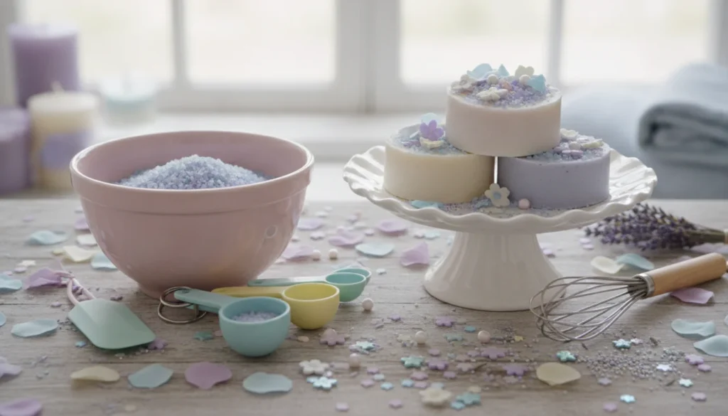 A beautiful flat lay arrangement of essential tools for creating a Bath Day Cake, including a pastel-colored mixing bowl, a set of measuring cups and spoons, a whisk, a spatula, and a decorative cake stand. In the foreground, focus on a vintage-style, wooden table surface that adds warmth to the scene. In the middle, showcase the tools artfully placed with vibrant sprinkles and edible flowers scattered around. The background features soft, diffused natural light pouring in from a nearby window, creating a bright and inviting atmosphere. Subtle hints of lavender and light blue decorations can be seen in the blurred background, evoking a calming, celebratory mood. The composition should feel organized yet creatively chaotic, capturing the joy of baking. A beautiful flat lay arrangement of essential tools for creating a Bath Day Cake, including a pastel-colored mixing bowl, a set of measuring cups and spoons, a whisk, a spatula, and a decorative cake stand. In the foreground, focus on a vintage-style, wooden table surface that adds warmth to the scene. In the middle, showcase the tools artfully placed with vibrant sprinkles and edible flowers scattered around. The background features soft, diffused natural light pouring in from a nearby window, creating a bright and inviting atmosphere. Subtle hints of lavender and light blue decorations can be seen in the blurred background, evoking a calming, celebratory mood. The composition should feel organized yet creatively chaotic, capturing the joy of baking.