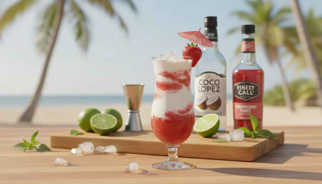 A beautifully arranged flat lay of Miami Vice cocktail ingredients, featuring vibrant layers of coconut cream, strawberry puree, and rum. In the foreground, a tall glass of the cocktail, showcasing its striking pink and white swirls, garnished with a fresh strawberry and a small paper umbrella. The middle composition includes a wooden cutting board displaying additional ingredients like fresh limes, a jigger, ice cubes, and cocktail mixers. In the background, a soft-focus tropical beach scene under bright sunshine, with palm trees swaying gently. The lighting is warm and inviting, capturing the essence of summer vibes. The image conveys a refreshing, vibrant atmosphere perfect for a leisurely cocktail experience, highlighting the delicious components needed to create the Miami Vice cocktail.