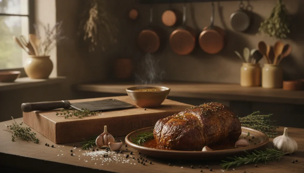 A beautifully arranged kitchen counter featuring a fresh, succulent rump roast at the foreground, surrounded by essential ingredients and seasonings. Highlight coarse sea salt, black pepper, garlic cloves, fresh rosemary, and thyme artfully scattered around. In the middle ground, showcase a wooden cutting board with a cleaver and a small bowl of rich brown gravy with herbs, gently steaming. The background should have a softly lit kitchen scene with vintage-style utensils and herbs hanging from a rack, adding warmth and a homely feel. Use natural lighting coming from a window to create a cozy atmosphere, with a shallow depth of field that softly blurs the background, emphasizing the rump roast and ingredients. Aim for a warm and inviting culinary mood. A beautifully arranged kitchen counter featuring a fresh, succulent rump roast at the foreground, surrounded by essential ingredients and seasonings. Highlight coarse sea salt, black pepper, garlic cloves, fresh rosemary, and thyme artfully scattered around. In the middle ground, showcase a wooden cutting board with a cleaver and a small bowl of rich brown gravy with herbs, gently steaming. The background should have a softly lit kitchen scene with vintage-style utensils and herbs hanging from a rack, adding warmth and a homely feel. Use natural lighting coming from a window to create a cozy atmosphere, with a shallow depth of field that softly blurs the background, emphasizing the rump roast and ingredients. Aim for a warm and inviting culinary mood.