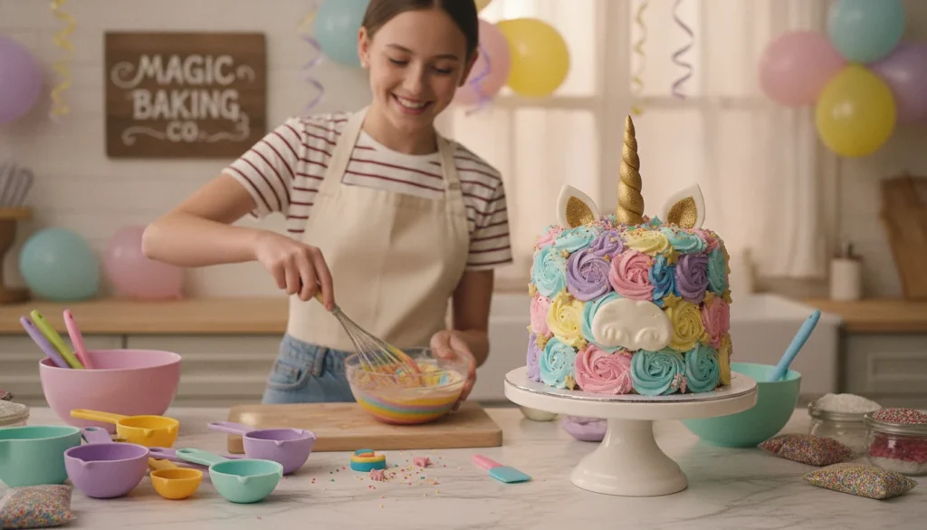A beautifully arranged kitchen scene showcasing the process of making a unicorn cake. In the foreground, a vibrant unicorn cake, adorned with pastel-hued frosting, edible glitter, and cute fondant decorations resembling unicorn features like a horn and ears. Surrounding the cake, an array of colorful baking supplies, including measuring cups, bowls, and spatulas, artfully strewn about. In the middle ground, a baker in a modest casual outfit is focused on mixing batter, with a playful smile on their face, creating a joyful atmosphere. The background features a cozy kitchen setting with warm lighting that enhances the whimsical feel, and decorations such as balloons and streamers in magical pastel colors. This enchanting scene captures the essence of creating a delightful unicorn cake, perfect for celebrating a special occasion.