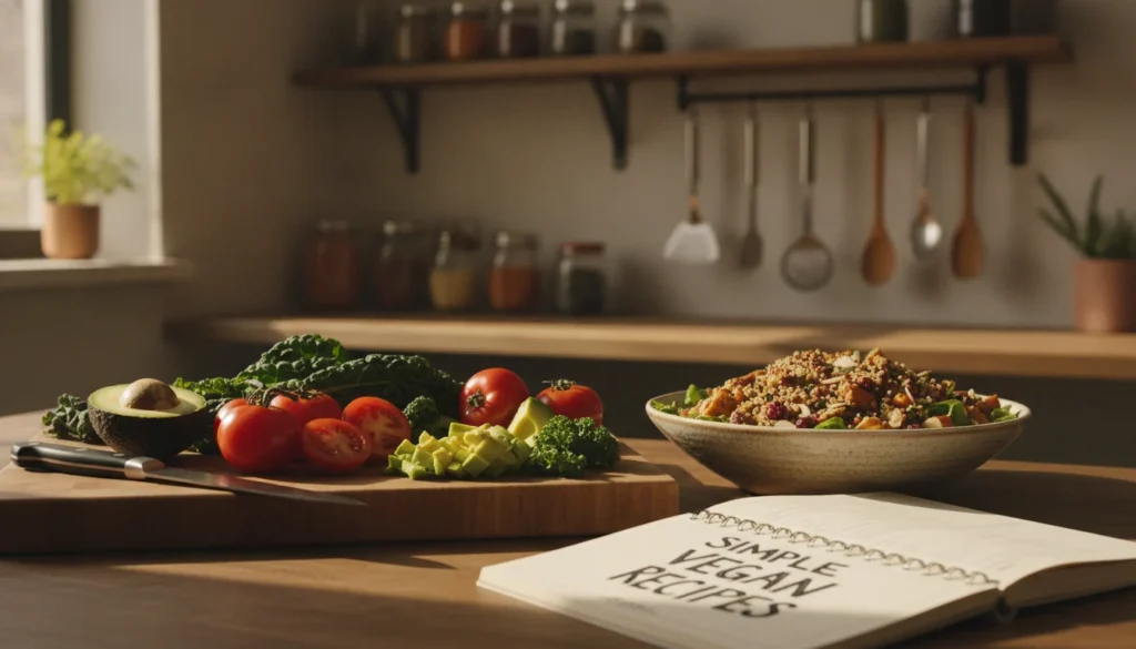 A beautifully arranged kitchen workspace featuring vibrant vegetables and fruits as the focal point. In the foreground, a wooden cutting board displays fresh ingredients like avocados, tomatoes, and leafy greens, with a chef's knife resting beside them. The middle ground showcases a colorful bowl filled with a delicious vegan salad adorned with nuts and seeds, as well as a recipe book opened to a page titled ‘Simple Vegan Recipes’. The background includes soft-focus shelves lined with jars of spices and cooking utensils. Warm, natural lighting illuminates the scene, creating a cozy and inviting atmosphere. The overall mood is encouraging and motivational, inspiring viewers to explore vegan cooking. Use a wide-angle lens for a spacious feel, emphasizing the welcoming environment of home cooking.