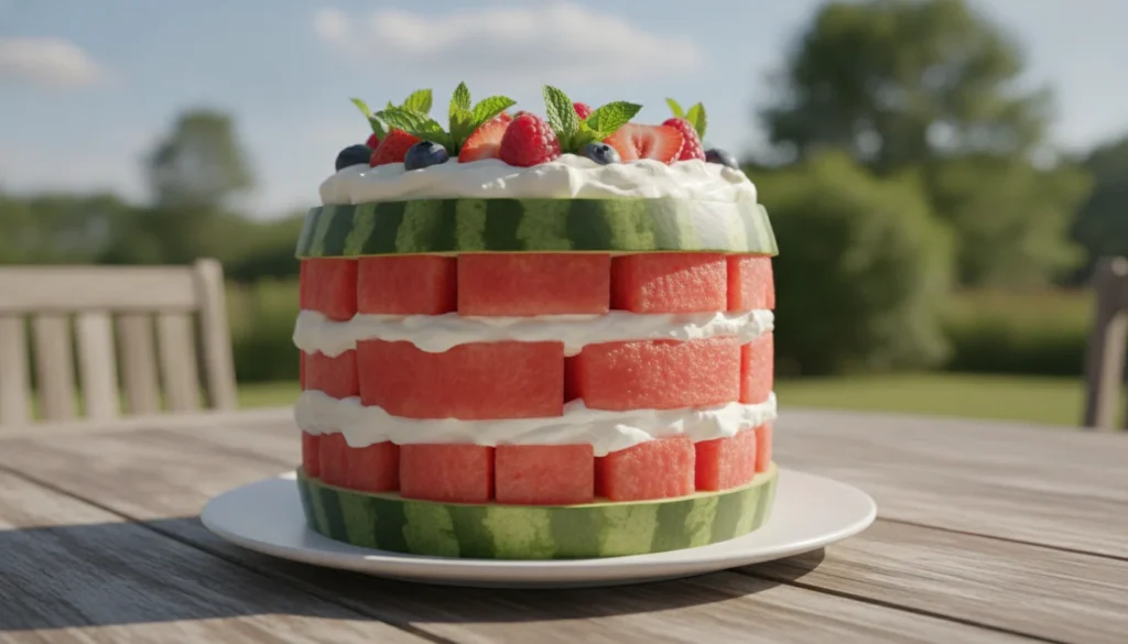 A beautifully arranged watermelon fruit cake, showcasing vibrant green watermelon rind on the outside, with layers of juicy red watermelon slices resembling cake layers, interspersed with creamy white whipped topping. The cake is garnished with fresh mint leaves and a few colorful berries for a pop of contrast. In the foreground, the cake sits atop an elegant, rustic wooden table. The background features a bright, sunlit outdoor setting, with a hint of blue sky and lush greenery that conveys a warm summer atmosphere. Soft, natural lighting enhances the freshness of the ingredients, evoking a joyful and refreshing mood perfect for summer parties. The angle is slightly elevated to capture both the rich texture of the cake and the cheerful ambiance around it. A beautifully arranged watermelon fruit cake, showcasing vibrant green watermelon rind on the outside, with layers of juicy red watermelon slices resembling cake layers, interspersed with creamy white whipped topping. The cake is garnished with fresh mint leaves and a few colorful berries for a pop of contrast. In the foreground, the cake sits atop an elegant, rustic wooden table. The background features a bright, sunlit outdoor setting, with a hint of blue sky and lush greenery that conveys a warm summer atmosphere. Soft, natural lighting enhances the freshness of the ingredients, evoking a joyful and refreshing mood perfect for summer parties. The angle is slightly elevated to capture both the rich texture of the cake and the cheerful ambiance around it.