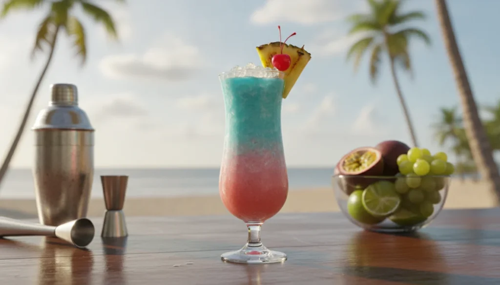 A beautifully composed Miami Vice cocktail sits prominently in the foreground, showcasing two distinct layers of vibrant pink and blue colors. The drink is served in a tall, elegant glass with ice, garnished with a slice of fresh pineapple and a maraschino cherry on top. In the middle ground, soft, sunlit reflections dance on a polished bar top, with cocktail-making tools subtly arranged beside a small bowl of fresh fruit. The background features a blurred view of a tropical beach, palm trees swaying gently in the breeze under a clear blue sky. Warm sunlight creates a lively and refreshing atmosphere, evoking the essence of a sunny Miami day, captured with a shallow depth of field to emphasize the drink. The overall mood is joyous and inviting, perfect for a summer gathering.