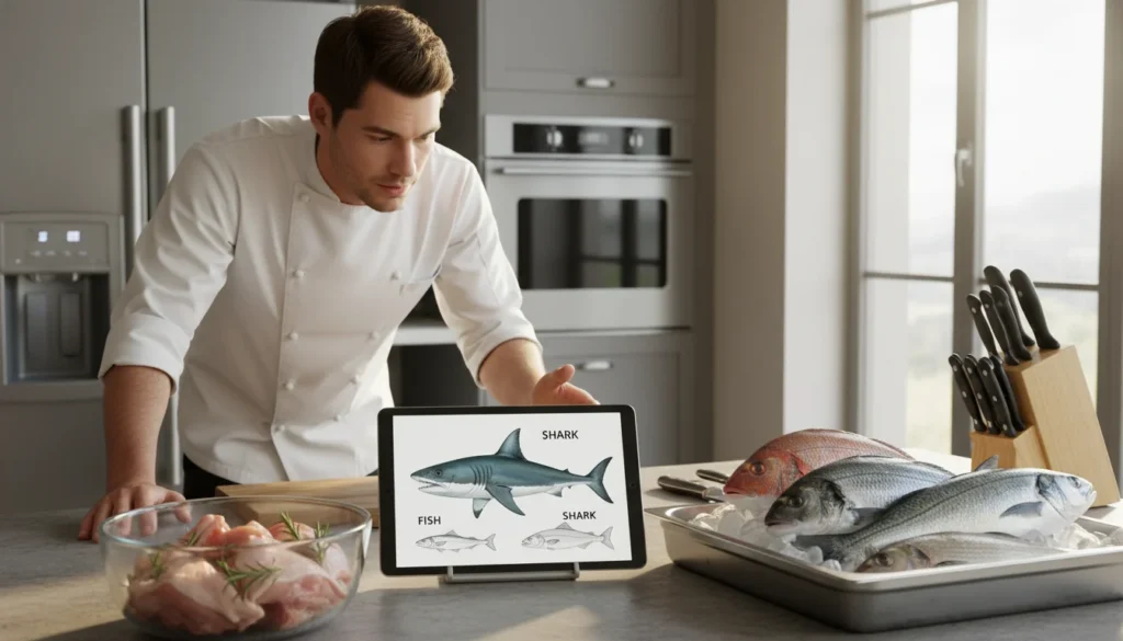 A bright kitchen setting featuring a well-organized countertop. In the foreground, a glass bowl of fresh raw chicken pieces, garnished with rosemary. Beside it, an ice-filled tray holds vibrant, whole fish, showcasing their shimmering scales and vivid colors. In the middle, an informative display includes a large, realistic depiction of a shark alongside the fish, illustrating their differences. A professional chef, dressed in a clean white chef's coat and black pants, examines the ingredients, adding an air of expertise. The background features modern kitchen appliances, with soft, warm lighting creating an inviting atmosphere. The scene reflects a blend of culinary knowledge and an appreciation for various types of meat available in the kitchen, evoking a sense of understanding and exploration. A bright kitchen setting featuring a well-organized countertop. In the foreground, a glass bowl of fresh raw chicken pieces, garnished with rosemary. Beside it, an ice-filled tray holds vibrant, whole fish, showcasing their shimmering scales and vivid colors. In the middle, an informative display includes a large, realistic depiction of a shark alongside the fish, illustrating their differences. A professional chef, dressed in a clean white chef's coat and black pants, examines the ingredients, adding an air of expertise. The background features modern kitchen appliances, with soft, warm lighting creating an inviting atmosphere. The scene reflects a blend of culinary knowledge and an appreciation for various types of meat available in the kitchen, evoking a sense of understanding and exploration.